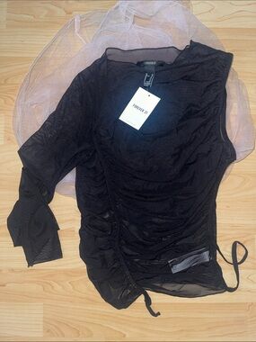 Forever 21 Black Sheer Ruched Long Sleeve Drawstring Top